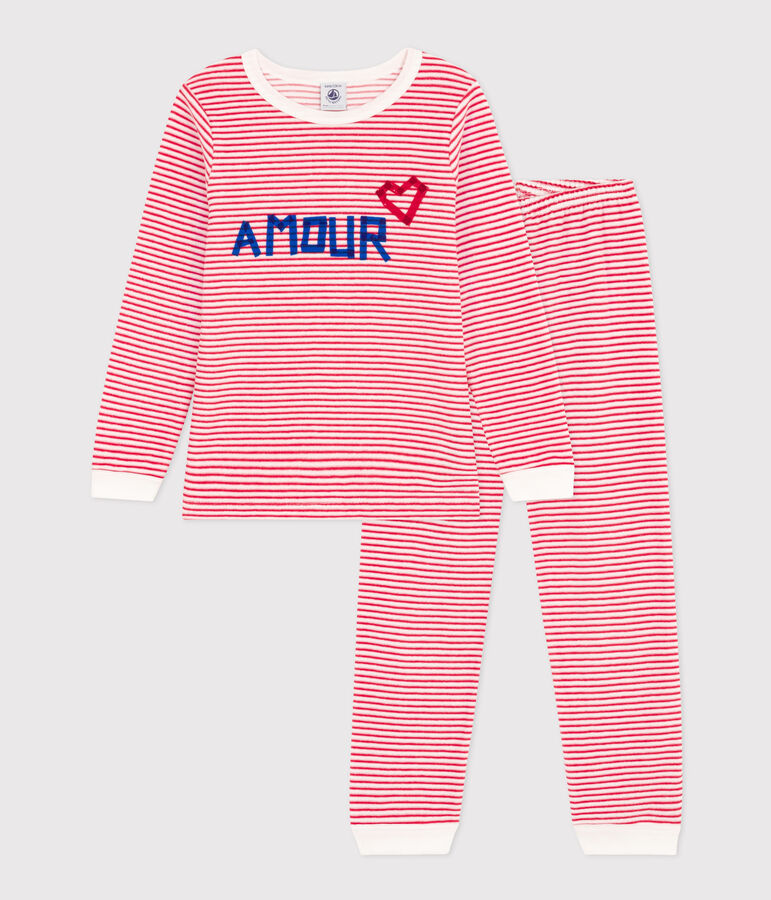 Pyjama ray&eacute; en velours enfant blanc/rouge