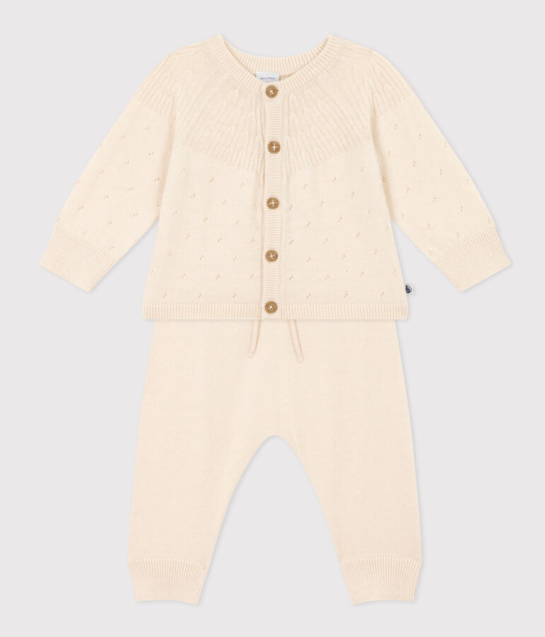 Ensemble en tricot laine et coton b&eacute;b&eacute; &eacute;cru