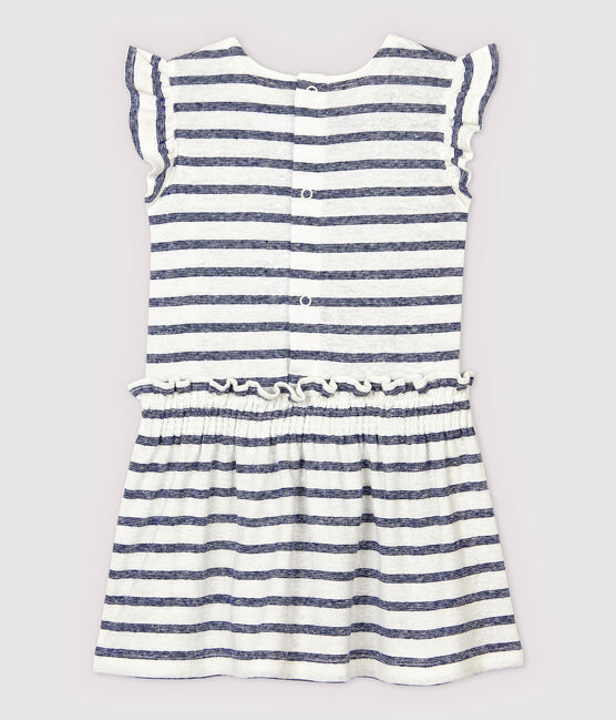 Gestreepte katoenen/linnen jurk met korte mouwen voor babymeisjes wit MARSHMALLOW/blauw MEDIEVAL