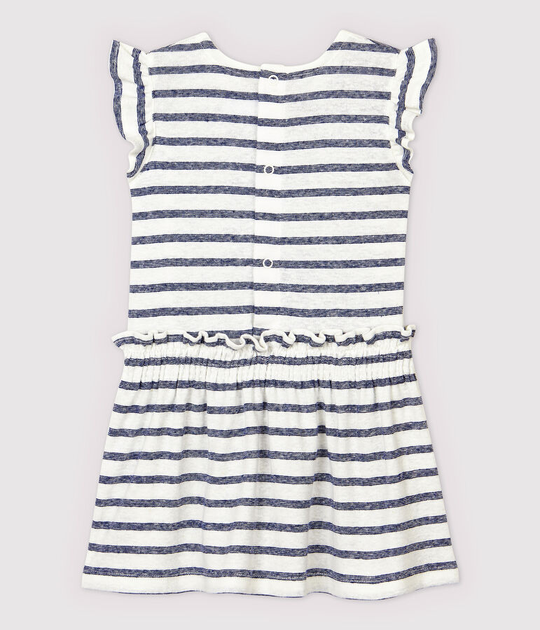 Robe manches courtes en coton/lin ray&eacute; b&eacute;b&eacute; fille blanc/bleu
