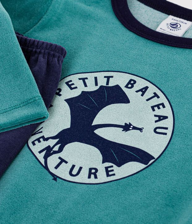 Pyjama enfant en velours uni &agrave; motif dragon bleu/NEW OLIVIER
