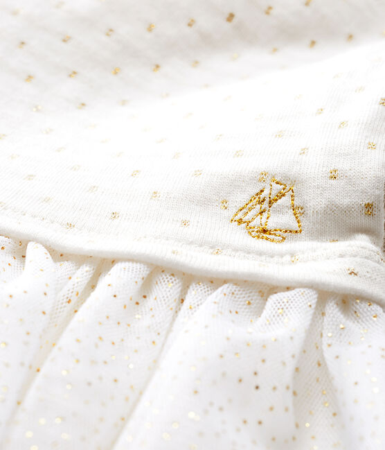 Jurk met lange mouwen twee soorten materiaal babymeisje wit MARSHMALLOW/geel OR