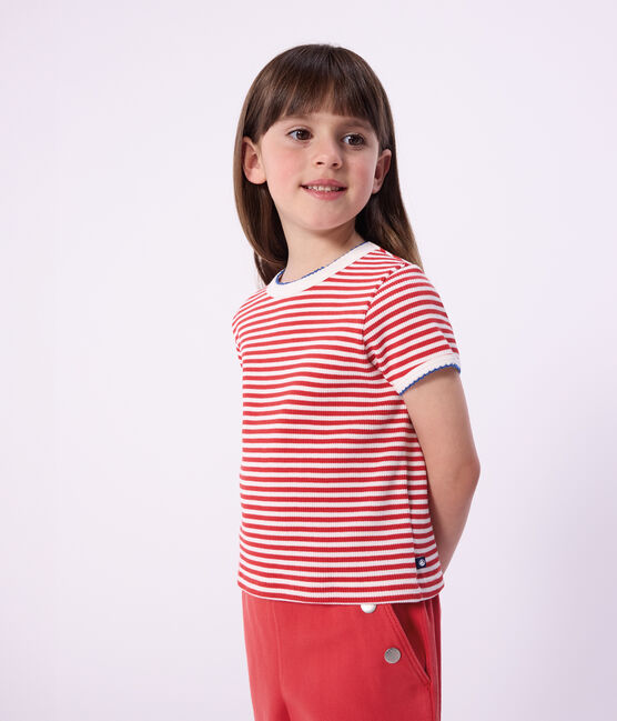 Tee-shirt enfant manches courtes en coton à rayures rouge POMPIER/ MARSHMALLOW