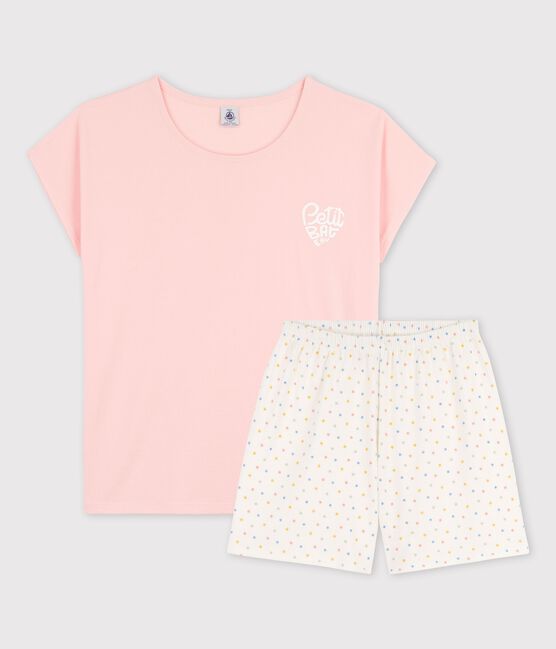 Roze korte pyjama voor meisjes in biokatoen roze MINOIS/wit MULTICO