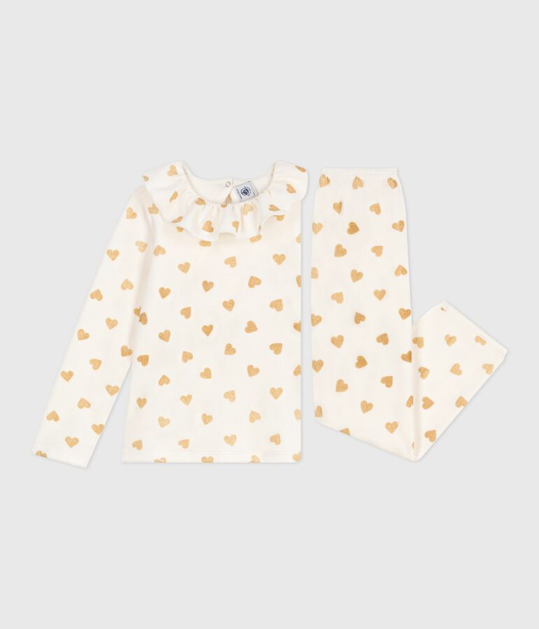 Pyjama enfant en velours imprim&eacute; c&oelig;urs dor&eacute;s &eacute;cru/jaune