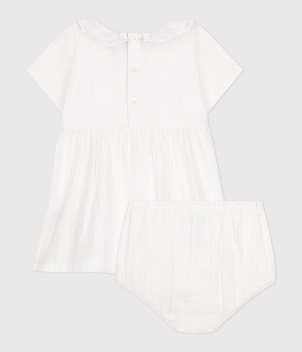 Robe blanche b&eacute;b&eacute; en coton, bloomer et leurs d&eacute;tails ajour&eacute;s blanc