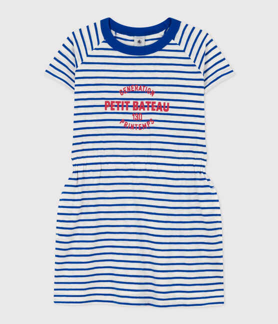 Robe rayée en jersey flammé enfant fille blanc MARSHMALLOW/bleu PERSE