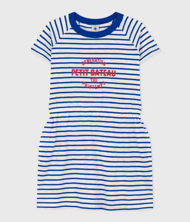 Robe ray&eacute;e en jersey flamm&eacute; enfant fille blanc/bleu