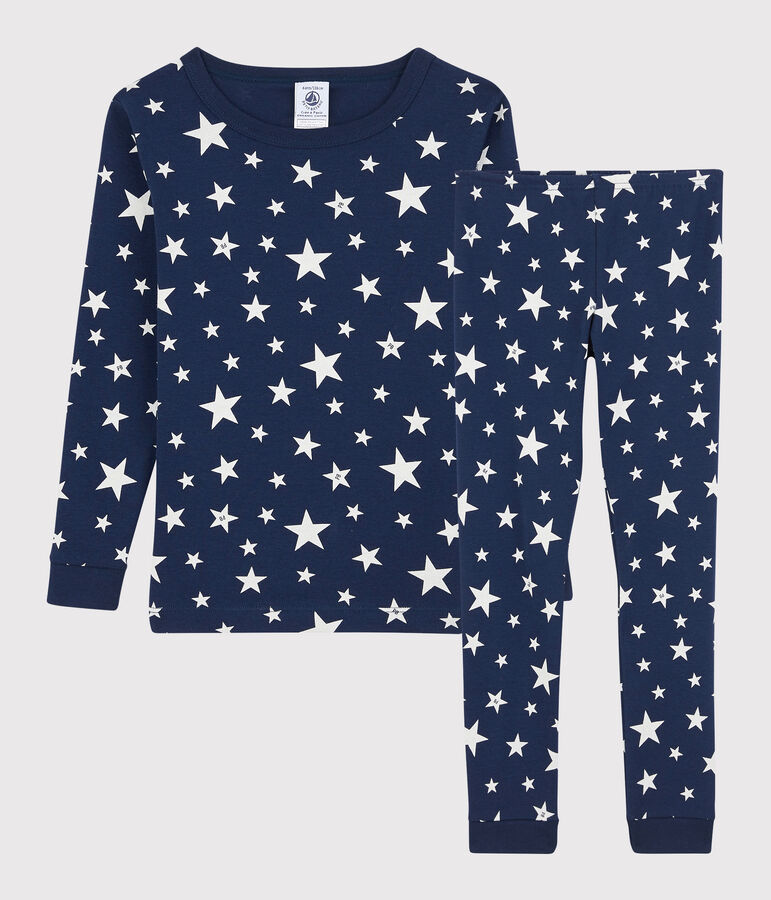 Snugfit pyjama met sterretjes voor kleine jongens in katoen blauw MEDIEVAL/wit MARSHMALLOW