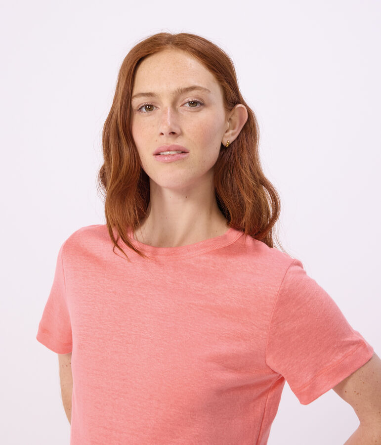 Dames-T-shirt van effen katoen met korte mouwen roze