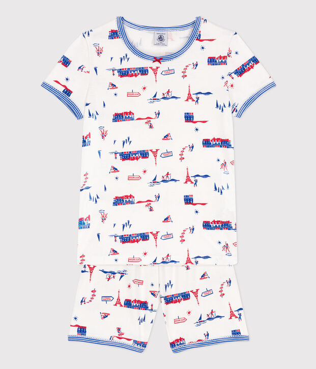 Korte katoenen meisjespyjama met 'Parijs'-print wit/multicouleur