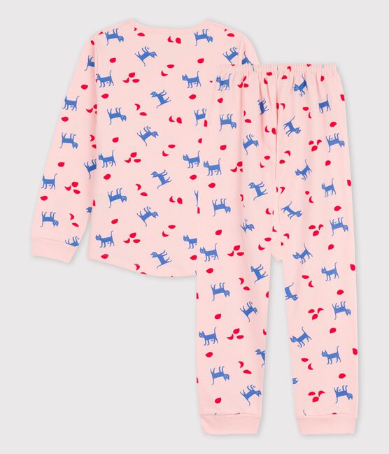 Meisjespyjama met kattenprint in katoen roze MINOIS/wit MULTICO