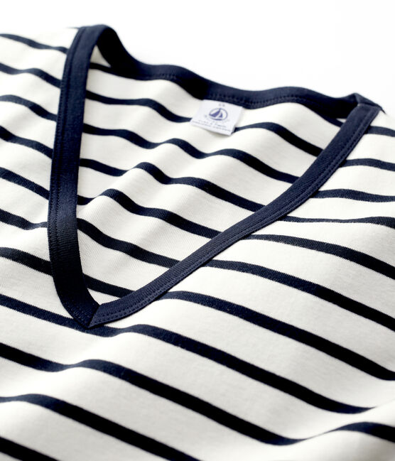 L'ICONIQUE, dames-T-shirt met V-hals in katoen wit MARSHMALLOW/blauw SMOKING