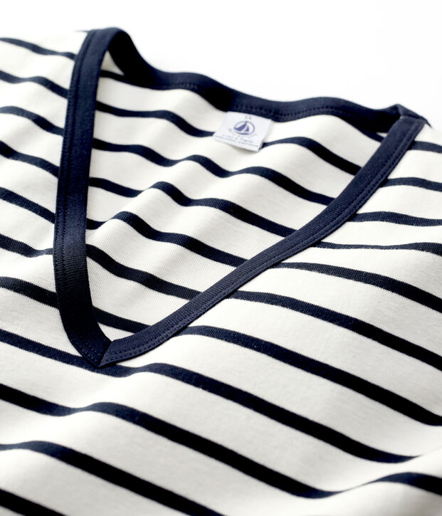 L'ICONIQUE, dames-T-shirt met V-hals in katoen wit/blauw