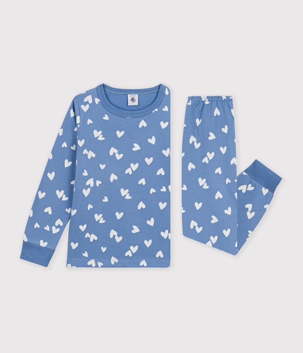 Kinderpyjama van fleece met hartjesprint blauw/wit