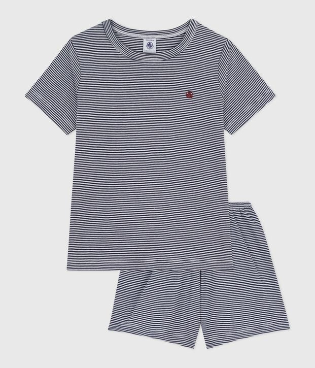Pyjama short enfant en coton &agrave; rayures bleu/blanc