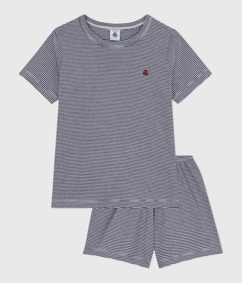 Pyjama short enfant en coton &agrave; rayures bleu/blanc