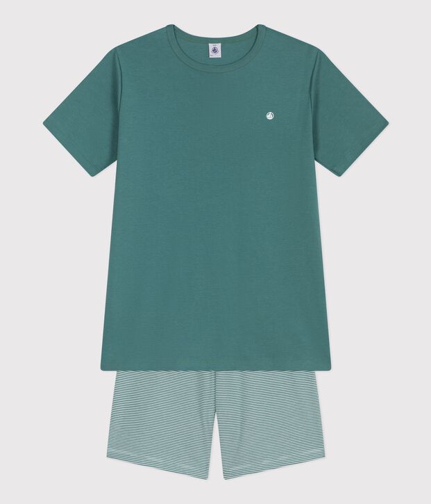 Pyjama short enfant en coton &agrave; rayures vert/blanc