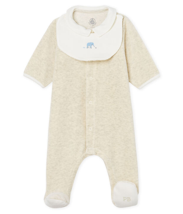 Uniseks pyjama met slabbetje van katoenvelours beige