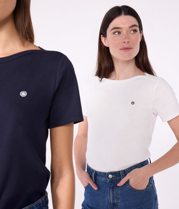 Iconisch dames-T-shirt met admiraalkraag van katoen wit