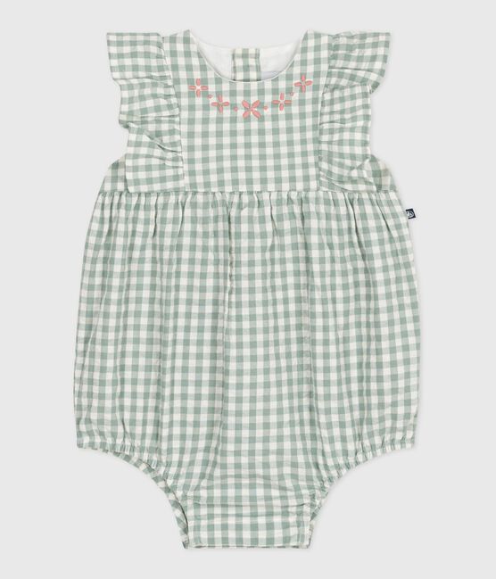 Mouwloos katoenen babyspeelpakje met vichyrpint en geborduurd kraagje blauw PAUL/wit MARSHMALLOW