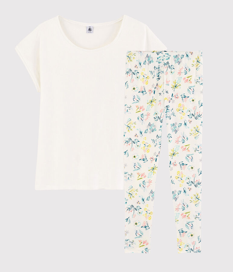 Pyjama fleurs printani&egrave;res fille- femme en coton blanc/multicouleur