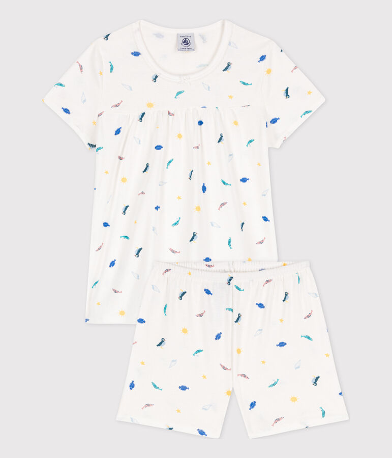 Korte meisjespyjama in katoen met print met zeedieren wit/multicouleur