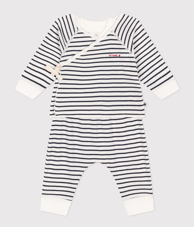 Ensemble 3 pi&egrave;ces ray&eacute; en coton b&eacute;b&eacute; blanc/bleu