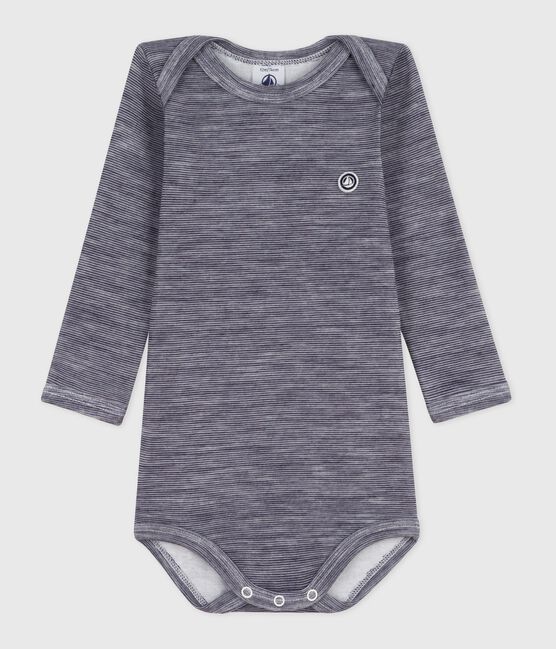 Body manches longues bébé en laine et coton bleu SOIR/ MARSHMALLOW