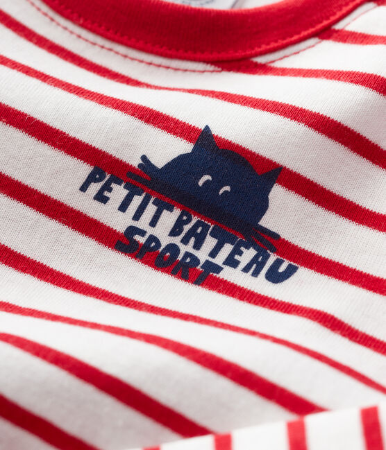 Gestreept katoenen T-shirt baby wit MARSHMALLOW/rood TERKUIT