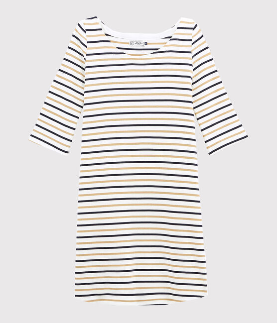 Robe virevoltante femme rayure tricolore blanc MARSHMALLOW/bleu SMOKING/ BRINDILLE DORE