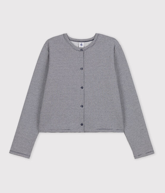Cardigan à pressions en coton épais Femme bleu SMOKING/blanc MARSHMALLOW