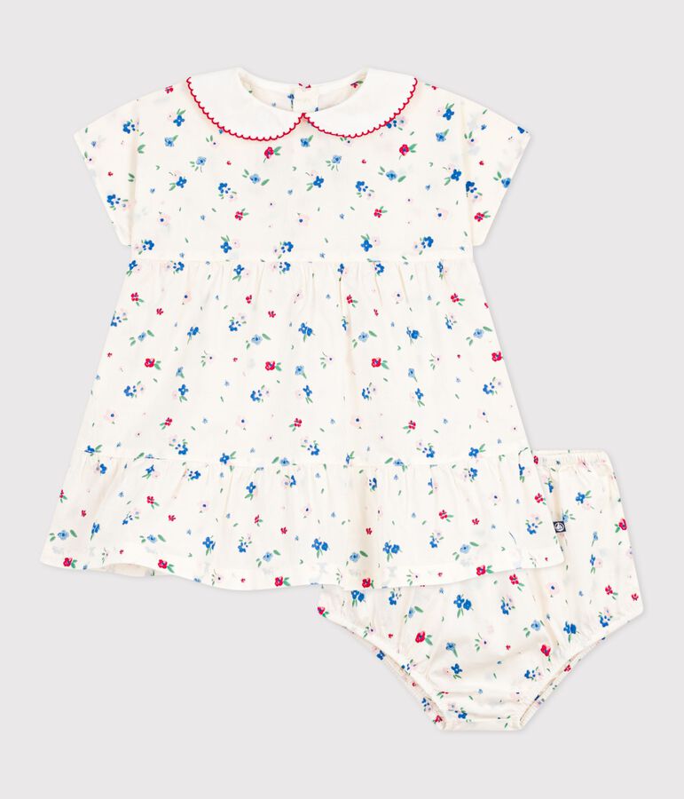 Robe b&eacute;b&eacute; en coton manches courtes et son bloomer imprim&eacute;s fleurs blanc MARSHMALLOW/blanc MULTICO
