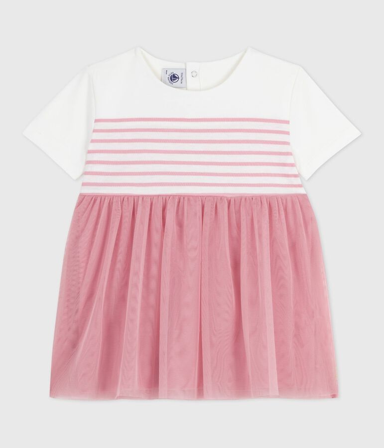 Robe b&eacute;b&eacute; coton et tulle manches courtes, haut ray&eacute; blanc/rose
