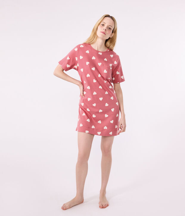 Chemise de nuit femme manches courtes imprim&eacute; c&oelig;urs rose/blanc