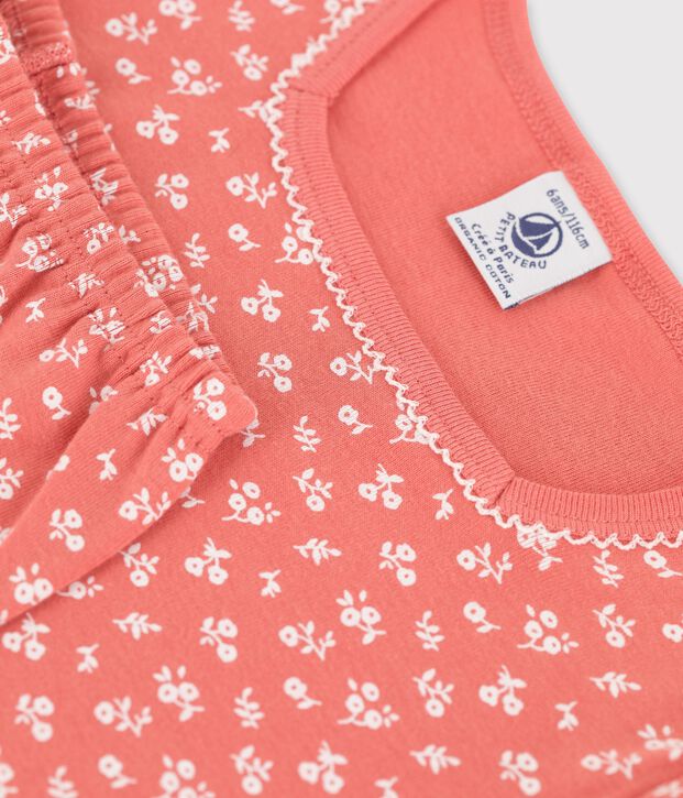 Meisjespyjama met korte mouwen en bloemenprint in biokatoen roze/wit