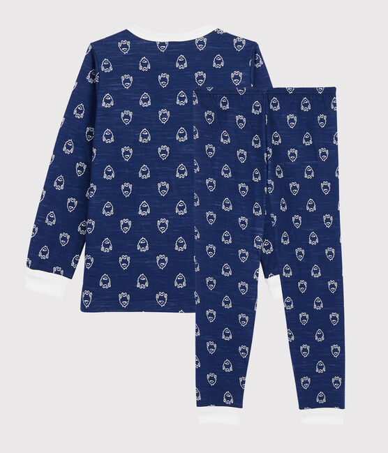 Pyjama jacquard yeti en laine et coton petit garçon bleu MEDIEVAL/blanc MARSHMALLOW
