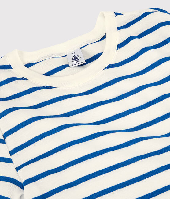 Tijdloos dames-T-shirt met ronde hals in biokatoen wit MARSHMALLOW/blauw DELFT