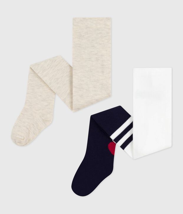 Lot de 2 collants b&eacute;b&eacute; en coton unis et motif c&oelig;ur bleu/beige