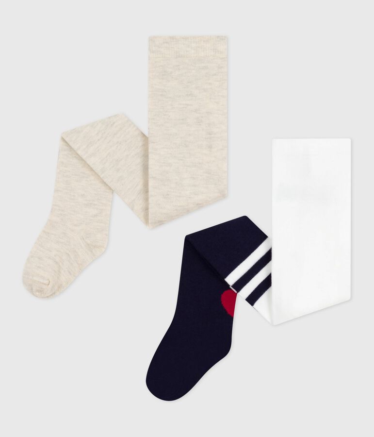 Lot de 2 collants b&eacute;b&eacute; en coton unis et motif c&oelig;ur bleu/beige