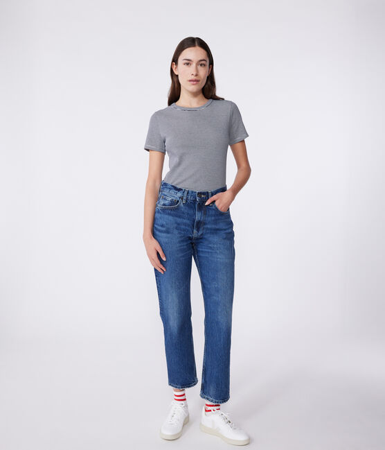 L'Iconique, gestreept T-shirt met korte mouw van ribstof voor dames blauw SMOKING/wit MARSHMALLOW