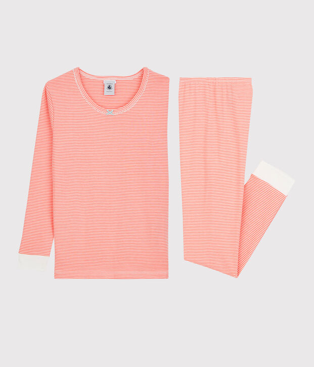 Pyjama snugfit ray&eacute; milleraies petite fille en coton orange/blanc