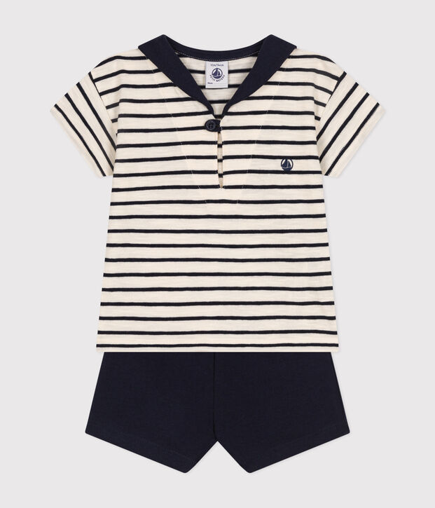 Setje met een T-shirt en short van jersey voor baby's ecru/blauw