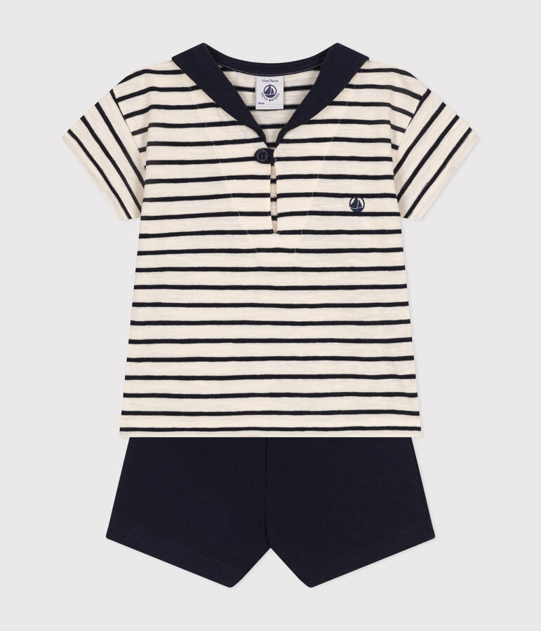 Setje met een T-shirt en short van jersey voor baby's ecru/blauw
