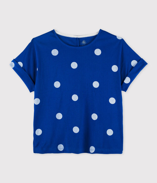 Katoenen/linnen T-shirt met print, Dames blauw/wit