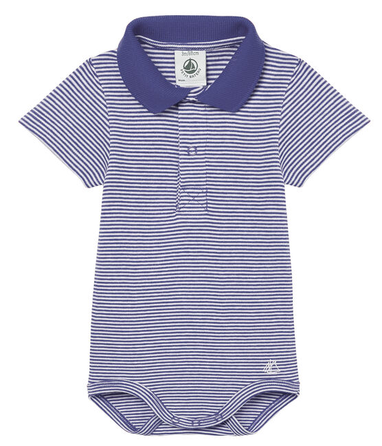 Body manches courtes col polo bébé garçon milleraies bleu RIYADH/blanc MARSHMALLOW