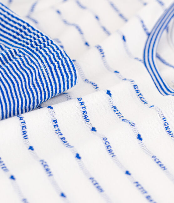 Korte pyjama in katoen voor dames  wit MARSHMALLOW/blauw PERSE