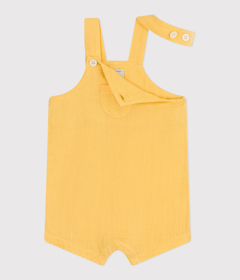 Salopette b&eacute;b&eacute; en gaze de coton jambes courtes, unie jaune