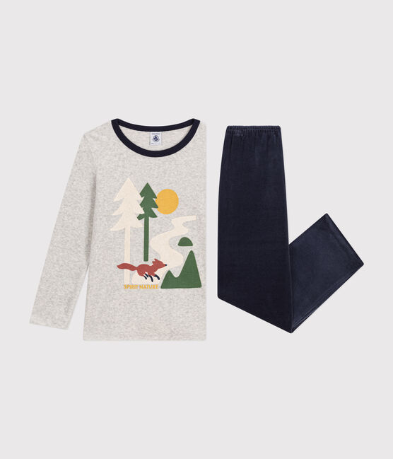 Effen kinderpyjama van velours blauw SMOKING/wit MULTICO