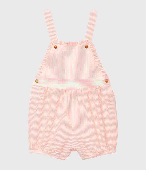 Salopette courte b&eacute;b&eacute; fille ray&eacute;e rose/blanc